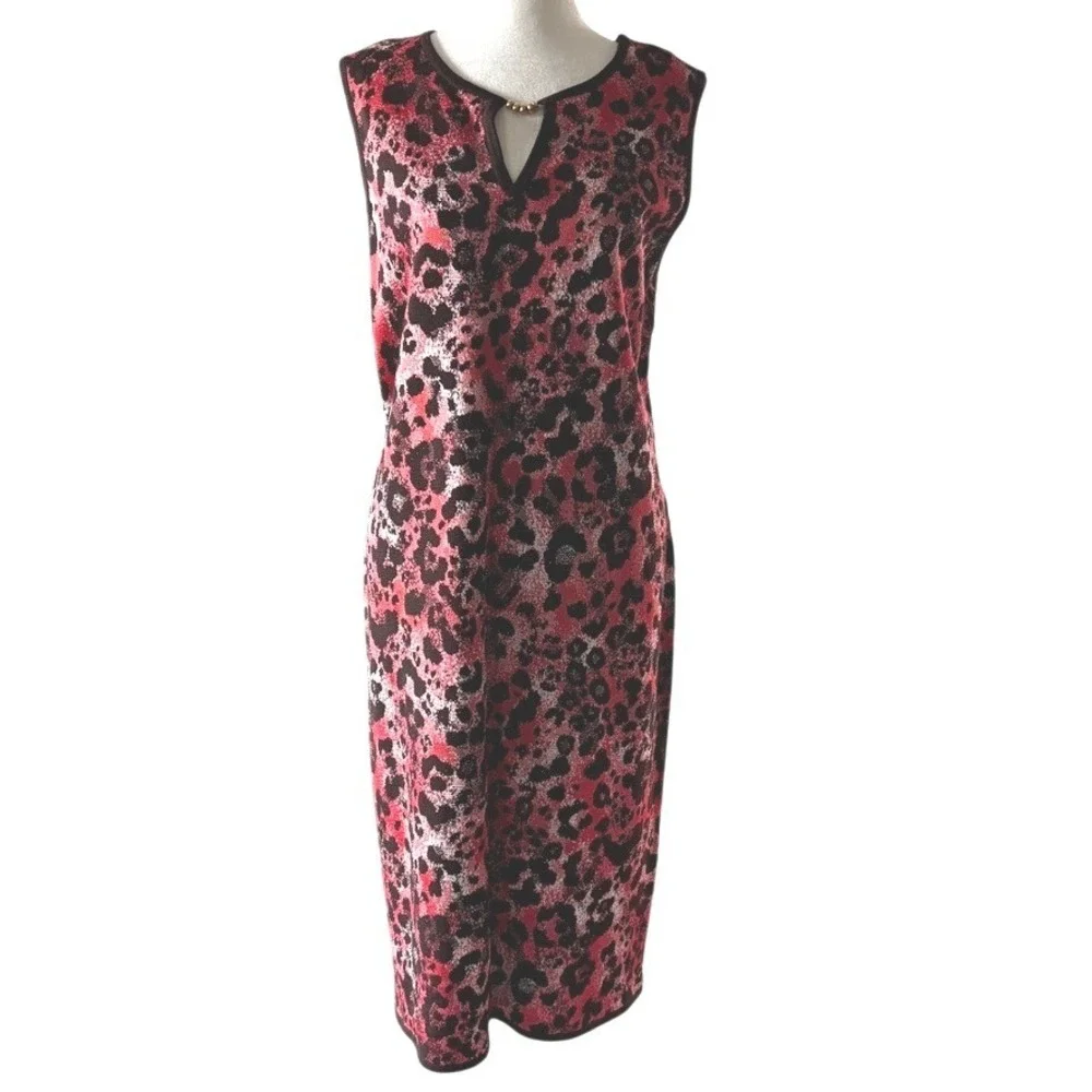 St‎ John Sport Knit Dress Size 14 Multi Leopard Print Knit VNeck Gold Detail NWT